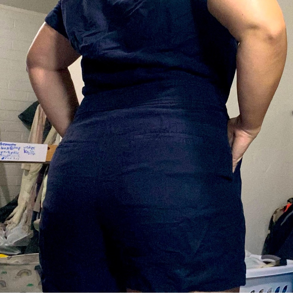 Ann Taylor Linen Blend Navy Blue Jumpsuit Romper 14 Lightweight Cargo Summer - Picture 4 of 16